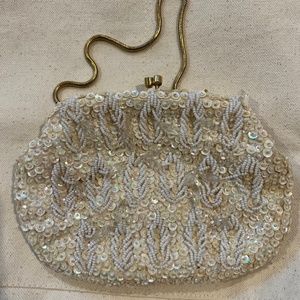 Vintage Cream Ivory Beaded Evening Bag Clutch Purse Handbag Kisslock Chain Strap